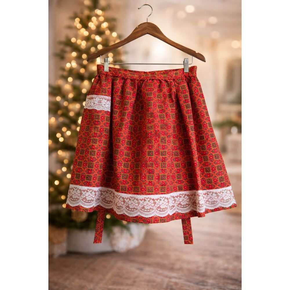 Vintage Handmade Christmas Apron Red Geometric Floral Lace Trim Cottagecore